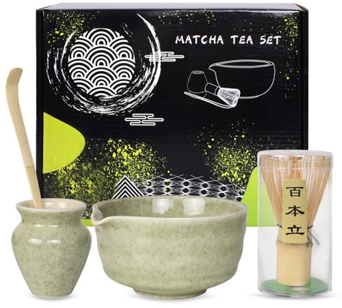 Matcha Tea Set,Matcha Whisk,Bamboo Matcha Spoon,Ceramic Matcha Bowl with Pourer Spout,Matcha Whisk Set,4-Piece Starter Kit for Matcha Ceremony,Includes Whisk Holder and Matcha Scoop Matcha Lovers