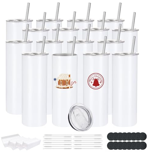 16 Pack Sublimation Tumblers Edge Blanks Skinny Straight Bulk 20 oz, Stainless Steel Double Wall Insulated Tumbler with Straw & Lids for Heat Transfer, White