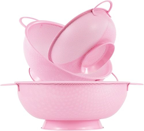 beifeier Stainless Steel Colander Set, 3-Piece Stackable Kitchen Strainer, 2/3/4.5 Quart, Fine Mesh Sieve Basket for Draining Pasta, Fruits, Vegetables, Rice, Dishwasher Safe (Pink)
