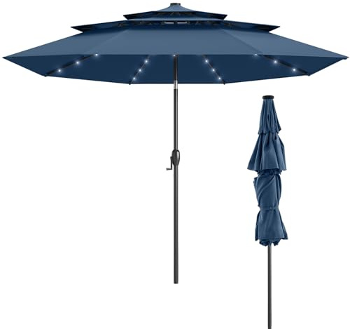 KOMFOTTEU Ombrellone da Giardino con 32 Luci LED, Pannelli Solari e Manovella, Ombrellone Parasole da Patio 313cm Inclinabile con 8 Osse, per Balcone, Spiaggia, Piscina, Base Non Inclusa (Blu)