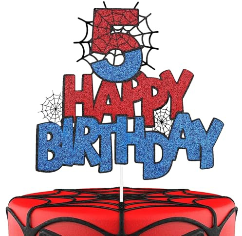 Spider Tortendeko 5 Geburtstag Dekoration, Schwarz Rot Happy Birthday Cake Topper, Spinne Web Kuchen Deko, für Junge Mädchen Themen Party Dekoratio (Nummer 5)