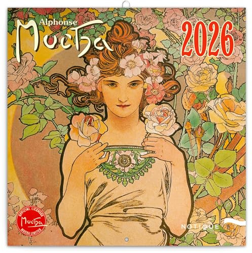 NOTIQUE Väggkalender 2026 Alfons Mucha, månadsöversikt i häfte, estetisk design 30 x 30 cm (öppen 30x60)