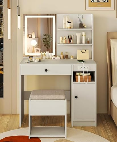 HOMASIS Schminktisch mit Spiegel und Ladeanschluss, Schminktisch mit 3 Farben dimmbaren Lichtern, Hocker, Schmuckschrank mit Schubladen, verstellbares Regal für Schlafzimmer Wohnzimmer, 90 x 40 x
