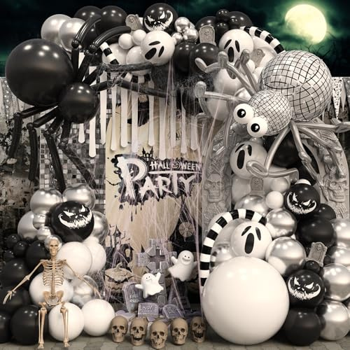 Halloween Balloon Arch with DIY Spider, 125PCS Black Silver White Halloween Decorations with Disco Ball Foil Balloon as Big Spider Cobwebs Scary Ghost Balloon for Party Haunted House Decor