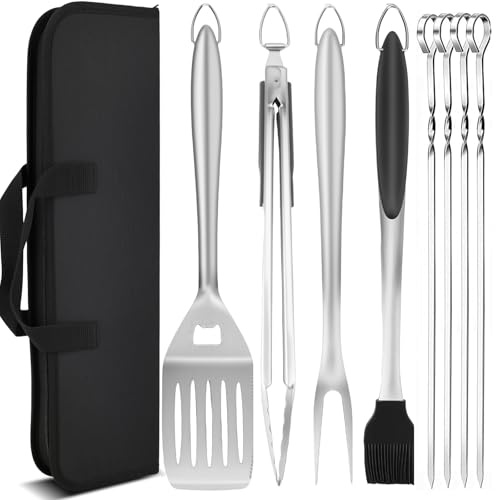 Grillbestick-set 9 stycken, rostfritt stål, grilltillbehör med grilltång, grillsvarvare, köttgaffel, grillspett och grillborste med extra långt handtag och hängande öljetter