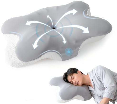Ftemglo Cuscino Cervicale per Dormire, Cuscino Ergonomico Cervicale, 2 in 1 Cuscino in Memory Foam per Dormitori Laterali, Supini e Proni, Federa lavabile, 64x41x10/14 cm