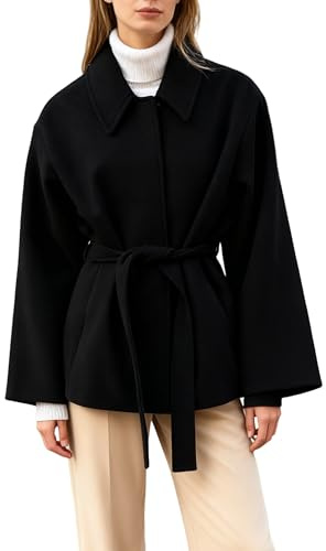 UANEO Coat for Women Wool Blend Short Peacoat Overcoat Button Tie Belt Winter Pea Coat with Pockets (Black-S)
