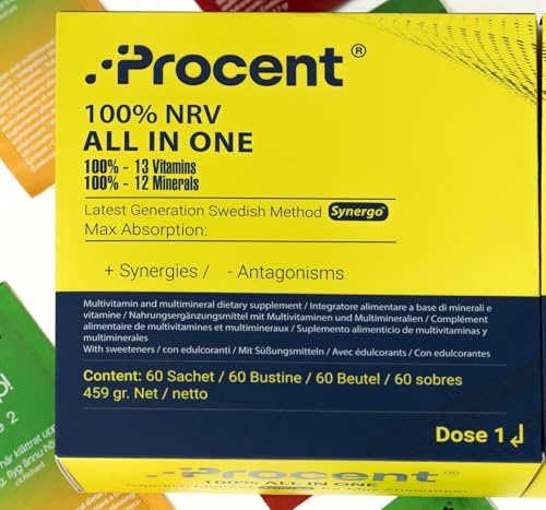 PROCENT® – 100% VNR en 2 doses synergiques | 13 Vitamines + 12 Minéraux | Méthode suédoise de dernière génération pour une absorption maximale | Énergie & performances | 60 sachets
