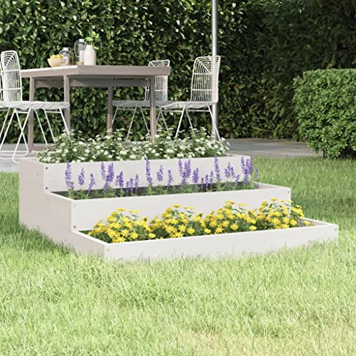 YUTAASU Fioriera in Legno di Pino Massello Design a Scala 78x78x27 cm Colore Bianco per Piante e Fiori con Radici Corte Medie Lunghe Giardino Decorativo Struttura