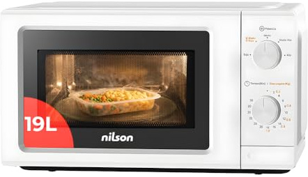 Nilson Microondas 19L Libre Instalación, Blanco NMW2701. 700W, 5 Programas, Mecánico, Modo Descongelación, Revestimiento Interior, Fácil Limpieza, Temporizador 30min