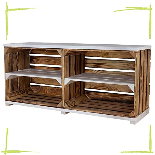 Moooble TV Bank Holz, außen geflammt, innen weiß lackiert | 4 Fächer | 100x30x50 cm | moderner TV Schrank für Elektrogeräte