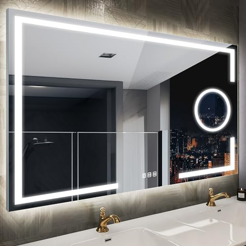 STARLEAD Modern väggmonterad badrumsspegel med 5 x förstoringsglas, dimbart LED-ljus, silverram, 120 x 70 cm
