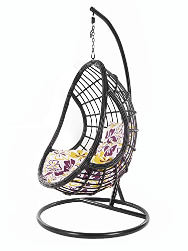 KIDEO großer Hängesessel inklusive Gestell und Kissen, Korbsessel, Polyrattan schwarz (Kissen: Nest geblümt [1085 Flower Love])