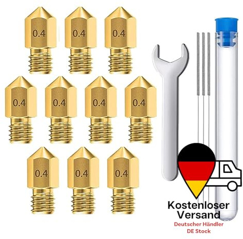 MMOBIEL 10 pièces MK8 en Laiton de 0,4 mm pour imprimante 3D, extrudeuse Compatible avec Les séries Creality Ender 3, Ender 5, CR-10/10S, Makerbot, Anet A8, incluant 3 Aiguilles de Nettoyage et Clé