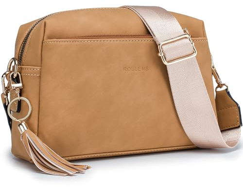Roulens Damen Handy Umhängetasche,Veganem Leder Crossbody Schultertasche,Breiter Riemen Abendtasche mit drei Reißverschlussfächern Handtaschemit mit Kartenschlitz Verstellbar Abnehmbar Schultergurt