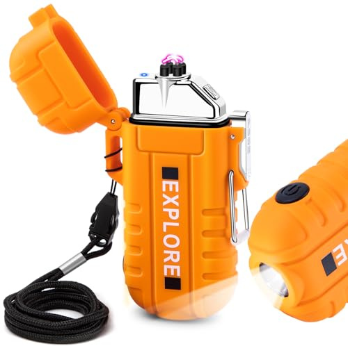 Electric USB C Rechargeable Lighter with Cross Dual Arc, Windproof and Waterproof Lighter with Flashlight for Camping, Survival, Hiking (Orange)