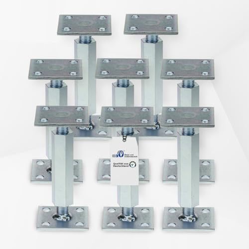 Pfostenträger höhenverstellbar (8 Stück) Boden/ Trägerplatte 80 x 80 x 5 mm Stützenfuß Stützfuß Bodenfuß Betonfuß mit Gewindemuffe verstellbar, Rechts-Linksgewinde