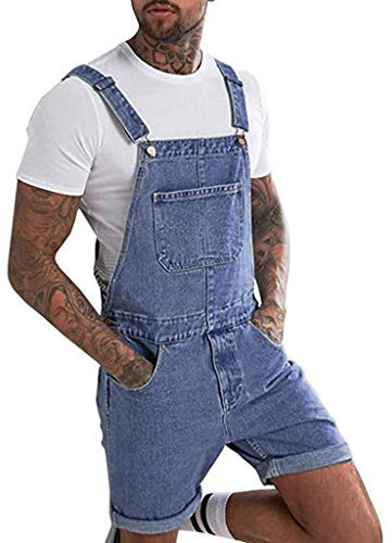 Mens Denim Bib Overall Shorts Rompers Loose Fit Stretchy Crimping Washed Distressed Denim Dungarees Retro Streetwear Workwear Walkshorts Playsuits