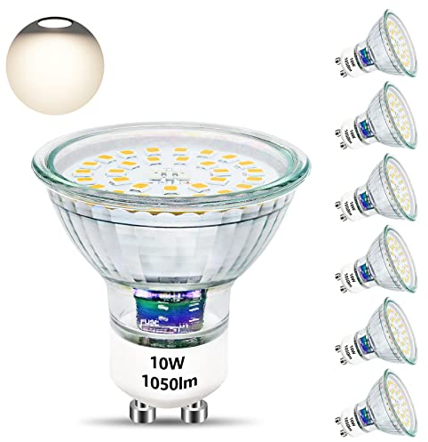 Unikcst GU10 LED Bulbs Neutral White 10W LED Spotlight Replaces 100W Halogen 4500K Base Glass 1050lm Bright Spot Lights 220-240V Energy Saving Light Bulb, Pack of 6
