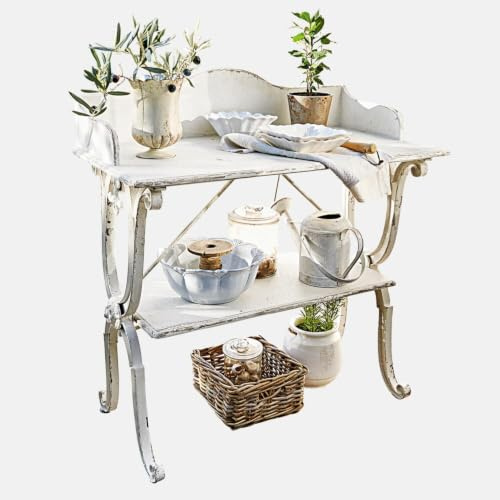Loberon Pflanztisch Cornell, hübsch geschwungenes Gestell, mit Antik-Finish, romantischer Look, auch als Regal verwendbar, Outdoor, Gartenhelfer, Furnierschichtholz, Eisen, antikweiß