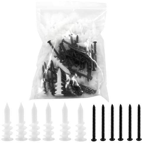 Unlorspy 50 Pcs 13 x 42 mm White Nylon Self Drilling Plastic Drywall Anchors with M4 x 40mm Black Philips Flat Head Screws for Hanging and Mounting (Long)