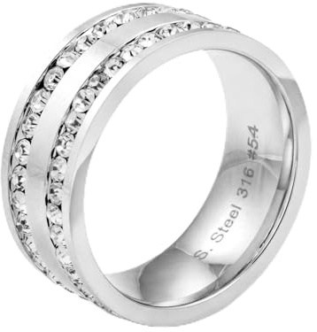 meditoys Edelstahlring mit zwei Reihen von funkelnden Kristallsteinen, 7,5 mm breiter Damenring, Größe: 63 (20.1), aus poliertem Edelstahl, robust und kratzfest