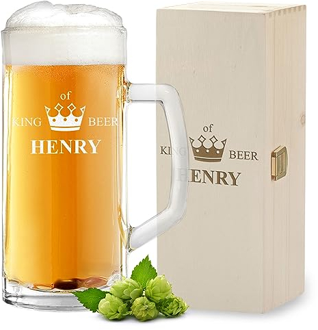 polar-effekt 2-TLG Set Bierkrug 500 ml + Holzkiste mit Gravur zum Geburtstag - Bierglas Geschenk für Männer - das Geburtstagsgeschenk - Bierseidel zum Jubiläum für Mann