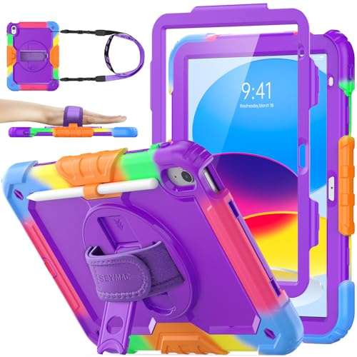 SEYMAC stock Case for iPad (A16) 11th/10th Generation 11''/10.9'' 2025/2022 | Heavy Duty Shockproof, with Screen Protector, 360° Rotating Stand/Hand Strap, Pencil Holder & Shoulder Strap, Purple+Camo