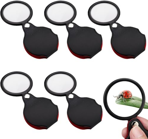 Amaxiu Taschenlupe,5 Stück 10x Mini Lupe mit drehbarer Schutzhülle aus Leder 5,3 cm Zusammenklappbares Handheld Kleine Lupe für Leselupe Lesen Karten Inspektion Basteln Älteste Geschenk