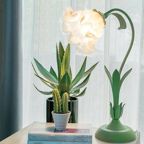 lampada a forma di fiore, 3 colori, dimmerabile, vintage con paralume in vetro floreale a foglia in metallo, da comodino e scrivania, LED per camera da letto, soggiorno