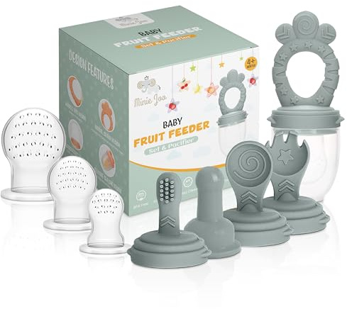 Minie Joo Baby Fruit Feeder Set – BPA-Free Silicone Fresh Food Feeder with 3 Replacement Teats, Teething Feeder for Fruits & Purees, Safe Self-Feeding for Babies 4+ Months