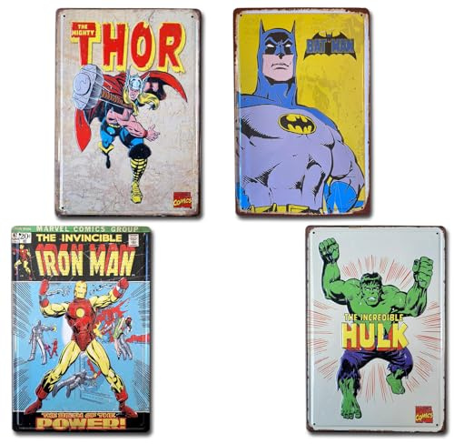 BOEMY Confezione da 4 fogli decorativi di Super Eroi, targhe in metallo stile retrò con personaggi dei fumetti: Batman, Thor, Hulk, Ironman e Superman, misure 20 x 30 cm