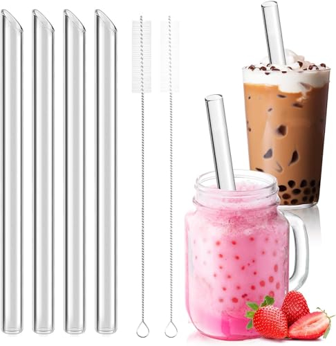 Annyswit 4 Pezzi Cannucce Bubble Tea 14mm Extra Largo Cannucce Vetro con 2 Spazzole Chiaro Trasparente Cannuccia Riutilizzabile 21,5 cm Lunghe Universale per Tè a Bolle Slush Cocktail Succhi di Frutta