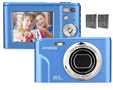 Andoer Digital Camera, 48MP 1080P Portable Camera 128GB Extended Memory | 2.4-inch IPS Screen, 16X Zoom, Auto Focus Self Timer, Face Detection, Anti-Shaking with 2pcs Batteries, DarkBlue