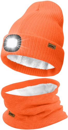 ATNKE LED Mütze mit Licht und Schal Set, Wiederaufladbare USB 4 LED Beleuchtete Laufmütze Winter Warme Gefütterte Fleece Halsschlauch und Stricken Mütze für Herren und Damen Geschenke