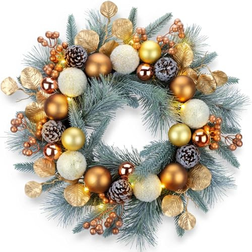 YULETIME Weihnachtskranz, 50,8 cm, Kugeln, Beeren, Tannenzapfen, Blätter, bereifte Fichtenzweige und Tannennadeln (Gold) | Goldene Kugeln und Beeren, Tannenzapfen, goldene Blätter, gefrostete Fichtenzweige und Tannennadeln
