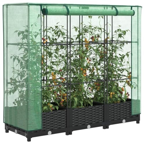 Hovothy Hochbeet mit Gewächshaus-Aufsatz Pflanzenbeet Anzuchtbeet Pflanzkasten mit Gewächshaus Gartenbeet Gemüsebeet Wetterfest Kräuterbeet Frühbeet für Garten Blumenbeet Schwarz 120x40x123 cm PP