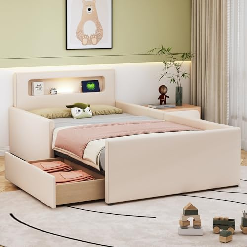 Ymkua Polsterbett Einzelbett Kinderbett 90x200 cm, Jugendbett mit Nachtlicht und USB-Port, Bettgestell mit Stauraum Kopfteil und Lattenrost aus Holz, Jungen und Mädchen Bett, PU, Ohne Matratze (Beige)