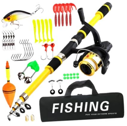Aymzbd Kids Fishing Pole, Kinder-Angelruten mit Angelschnur, Tragbare Teleskop-Angelrute und Spulenkombination, Kids Fishing Rod Set, Spincast-Angeltasche für Jugendliche, Mädchen und Jungen, Gelb