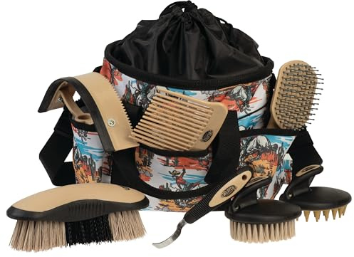 Weaver Equine Horse Grooming Kit, 7-Piece Horse Brush Set with Organizer Tote Bag, Hoof Pick, Comb, Sweat Scraper, Equine Tools for Daily Grooming, Bucking Bronc