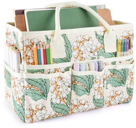E-WEICHEN Craft Organizer Tote Bag Art Storage Caddy with Multiple Pockets Containers for Art,Craft,and Office Supplies Storage.White Campanula