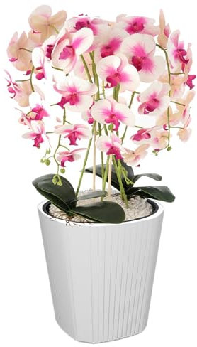 botle Pot de fleurs rond avec grand insert - Couleur : blanc - Diamètre : 39 cm - Hauteur : 41 cm - Surface rainurée - En plastique mat - Moderne - Glamour - Pour terrasse, jardin, balcon
