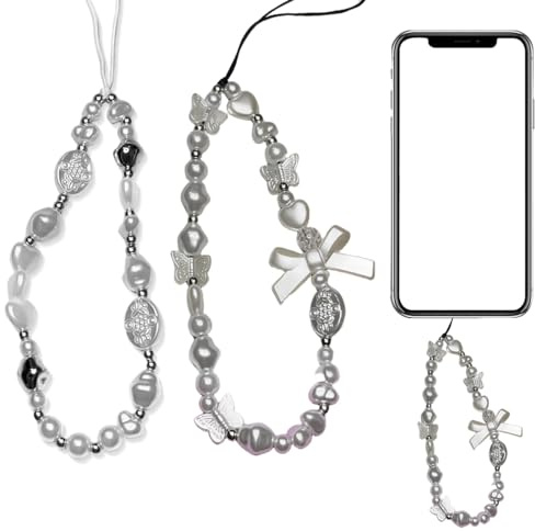 XYTAHDM 2 Pcs Longe de Téléphone Portable, Perle Chaîne Charms Anti-Perte Pendentif Chaîne, Dragonne Bracelet Porte-Clés (Argenté)