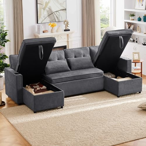 Wyibwy, Sofá de 4 plazas, sofá cama en forma de U, con portavasos y dos compartimentos de almacenamiento, tejido de algodón y lino, 270 x 130 x 86cm, para salón/apartamento, gris