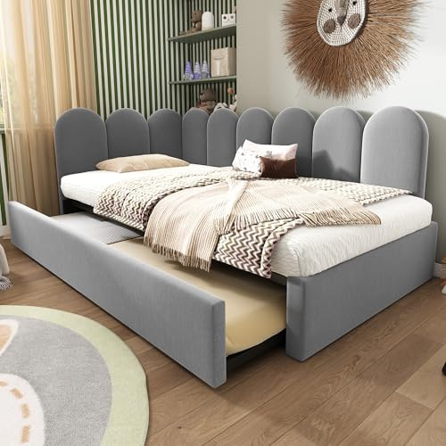 MOBETTRES Polsterbett Daybett 90x200cm,Tagesbett Schlafsofa Kinderbett mit Ausziehbett 90x190cm und Lattenrost, Samt, ohne Matratze (Grau)