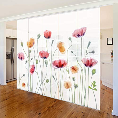 micasia Schiebegardine halbtransparent 60er Paneel Klett Blumen Textil lichtdurchlässig - Mohnblume Aquarell Flächenvorhang Weiss Wohnzimmer Schlafzimmer 1929 (300x250 cm - 5er Set)