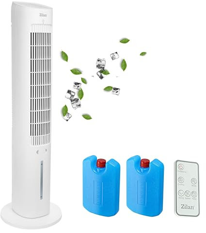 3in1 Standventilator mit Wasserkühlung sehr leise - Mobile Klimaanlage ohne Abluftschlauch -Verdunstungskühler Aircooler Turmventilator mit Fernbedienung Luftreiniger 12H Timer Tower Fan (Turm Design)