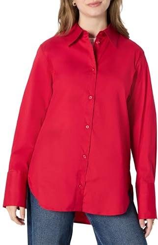 Amazon Essentials Camisa de Vestir de Popelina Elástica de Algodón, Extragrande y con Botones Mujer, Rojo, M