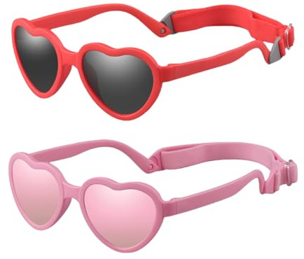 JINHUIBBA Baby Heart Sunglasses with Strap Flexible Polarized Heart Shaped Sunglasses for Toddler Newborn Ages 0-24 Months