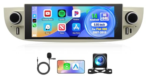 4+64G Android 14 Car Stereo for Fiat 500 2007-2015 with carplay Android Auto with 6.86 inch touchscreen GPS Sat Navi WiFi Bluetooth RDS MirrorLink SWC Backup Camera Mic